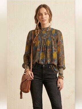 Zara Smocked High-Neck Floral Blouse - Mustard, Blue, Brown S